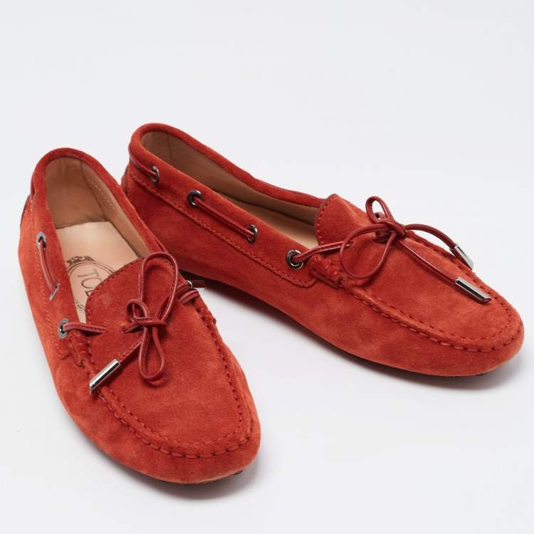 Pre Owned Tod's  Burnt Orange Suede Bow Detail Slip On Loafers Size 37