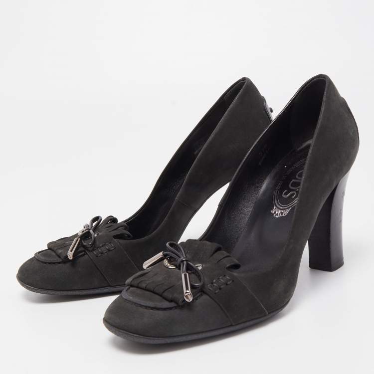 Pre Owned Tod's Black Nubuck Leather Fringe Jodie Pumps Size 37.5