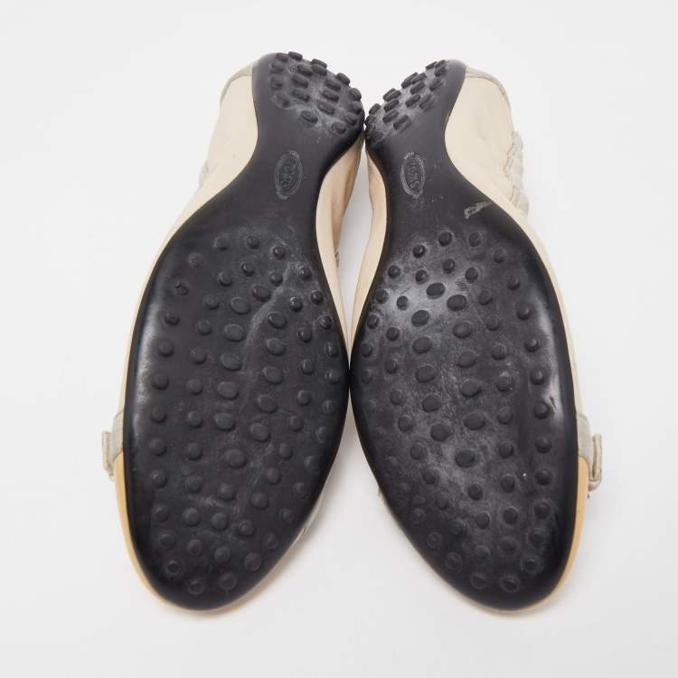 Pre Owned Tod's Beige/Yellow Patent Leather and Suede Cap Toe Scrunch Ballet Flats Size 38.5