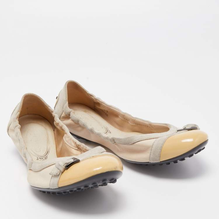 Pre Owned Tod's Beige/Yellow Patent Leather and Suede Cap Toe Scrunch Ballet Flats Size 38.5