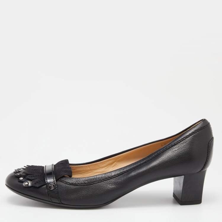 Pre Owned Tod's Black Leather and Suede Fringes Pumps Size 40
