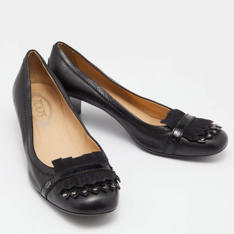 Pre Owned Tod's Black Leather and Suede Fringes Pumps Size 40