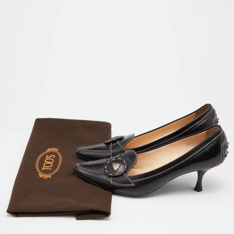Pre Owned Tod's Black Leather Pointed Toe Loafer Pumps Size 39