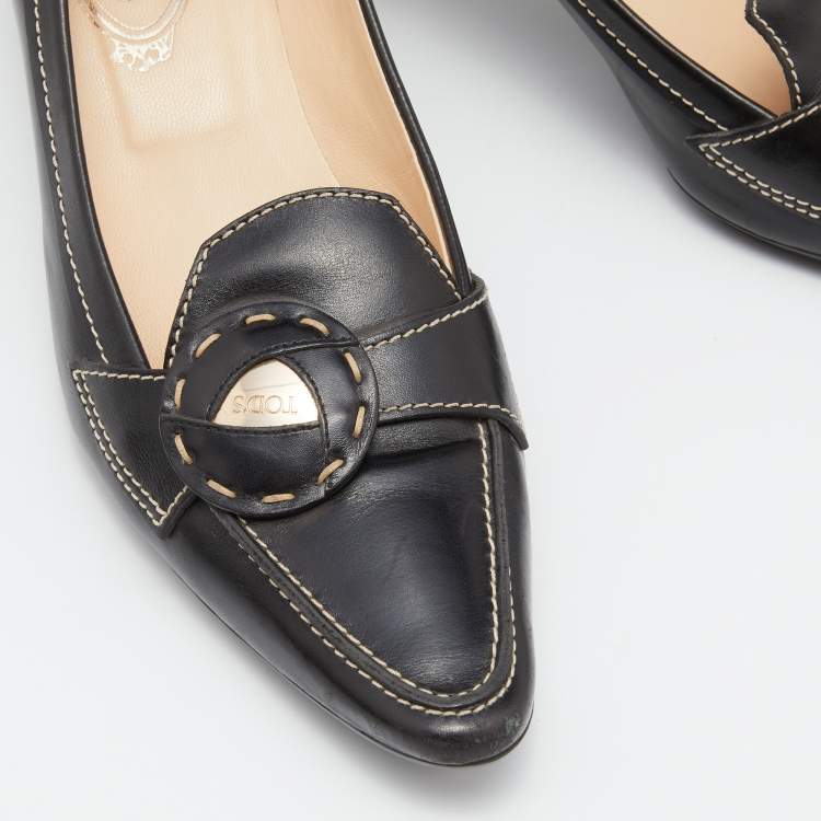 Pre Owned Tod's Black Leather Pointed Toe Loafer Pumps Size 39