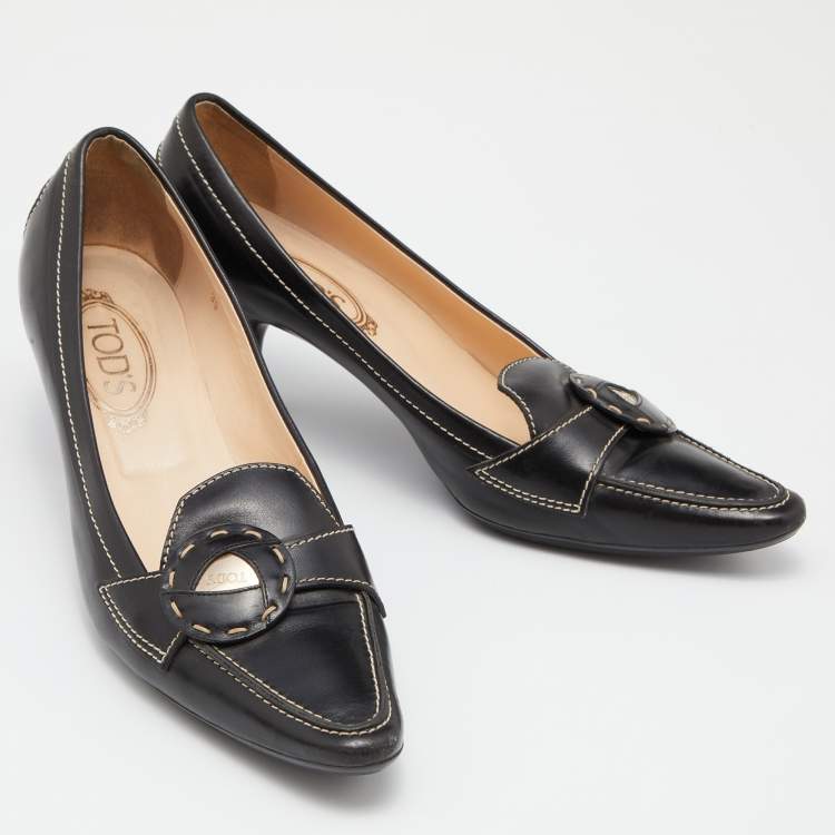 Pre Owned Tod's Black Leather Pointed Toe Loafer Pumps Size 39