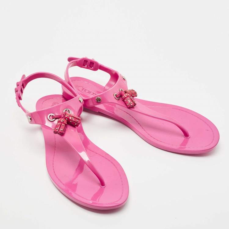 Pre Owned Tod's Pink Rubber Studded Tassel Thong Flat Sandals Size 38