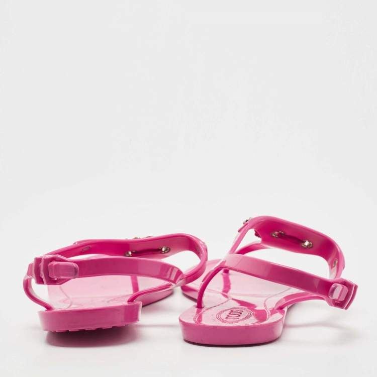 Pre Owned Tod's Pink Rubber Studded Tassel Thong Flat Sandals Size 38