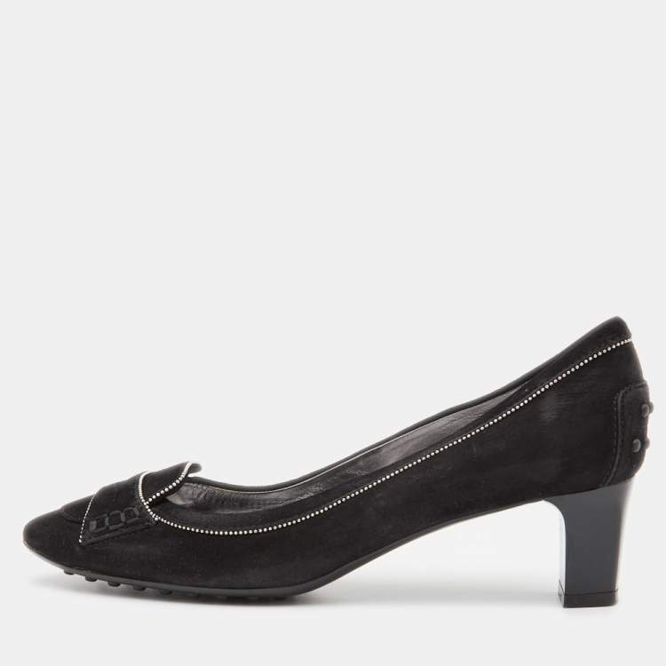 Pre Owned Tod's Black Suede Block Heel Loafer Pumps Size 39