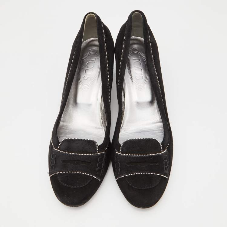 Pre Owned Tod's Black Suede Block Heel Loafer Pumps Size 39