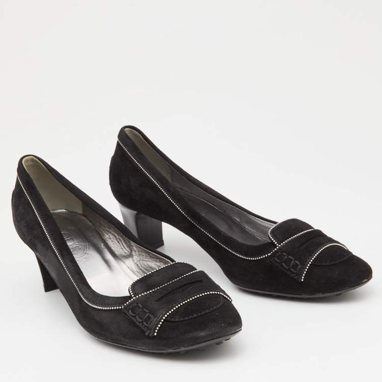 Pre Owned Tod's Black Suede Block Heel Loafer Pumps Size 39