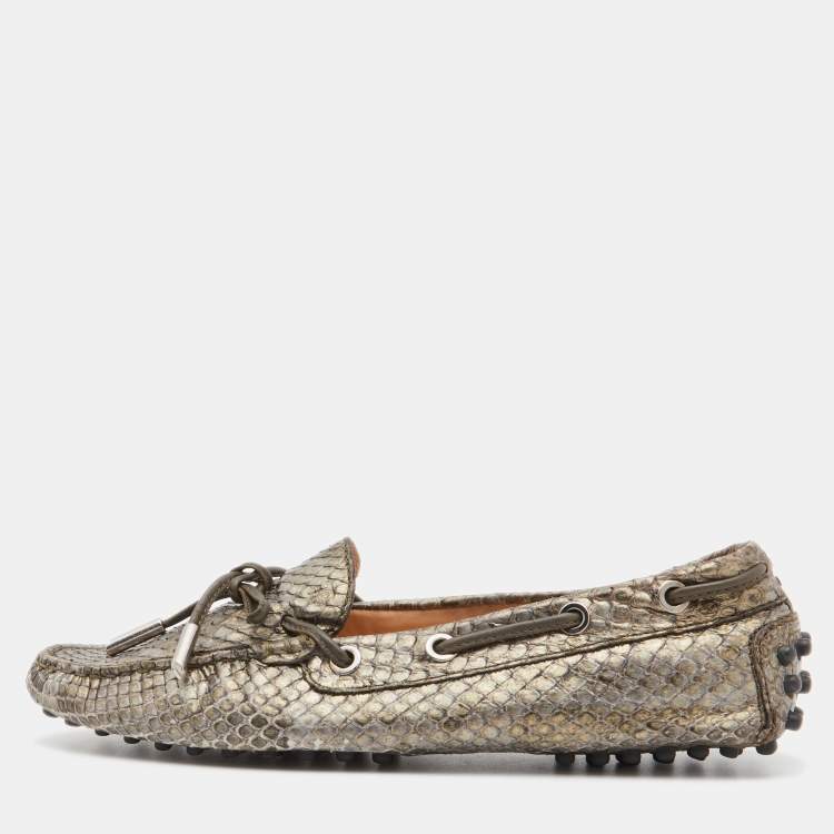 Pre Owned Tod's Metallic Python Bow Slip On Loafers Size 35