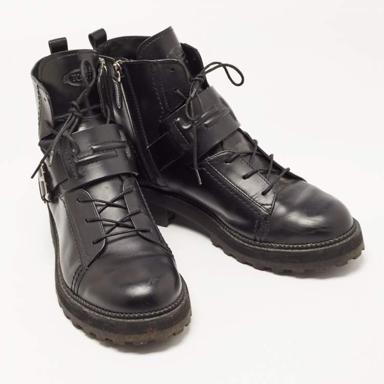 Pre Owned Tod's Black Leather Buckle Strap Ankle Boots Size 41