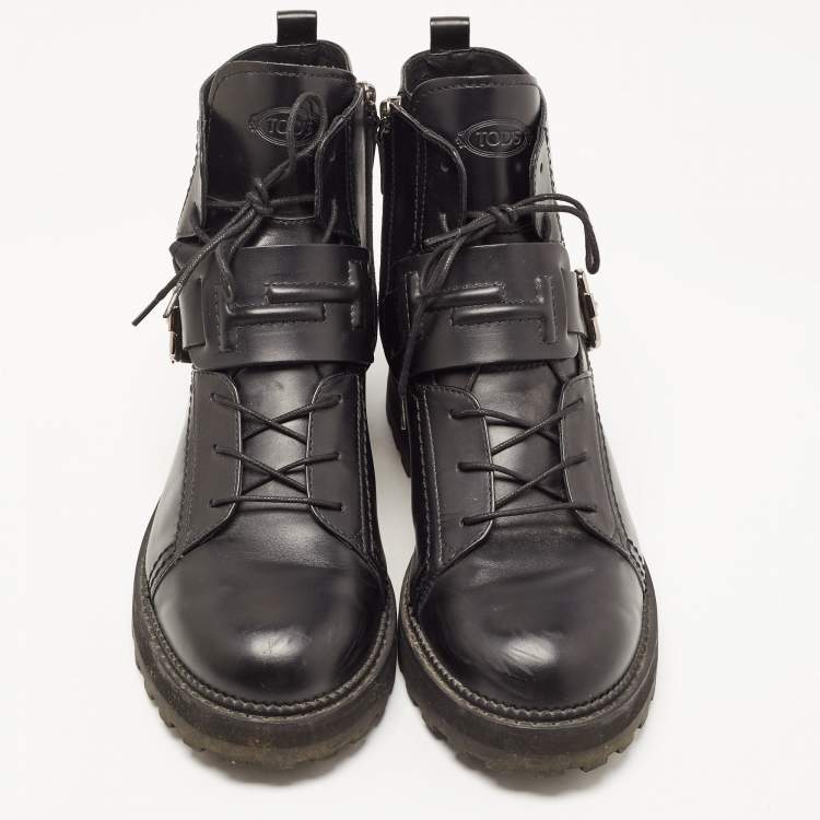 Pre Owned Tod's Black Leather Buckle Strap Ankle Boots Size 41