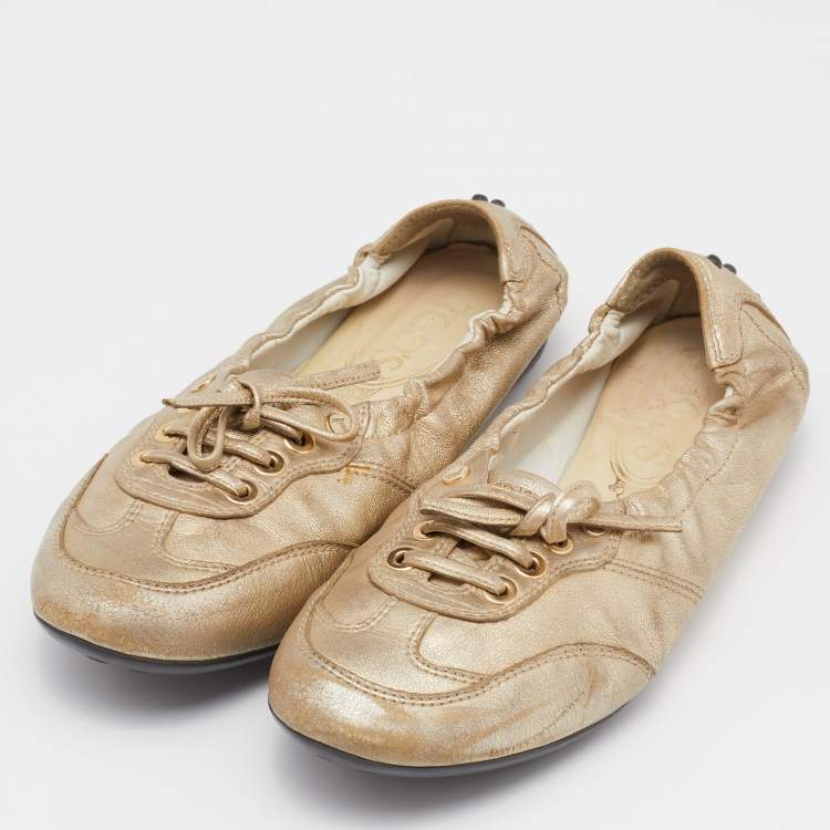 Pre Owned Tod's Gold Leather Scrunch Sneakers Size 36