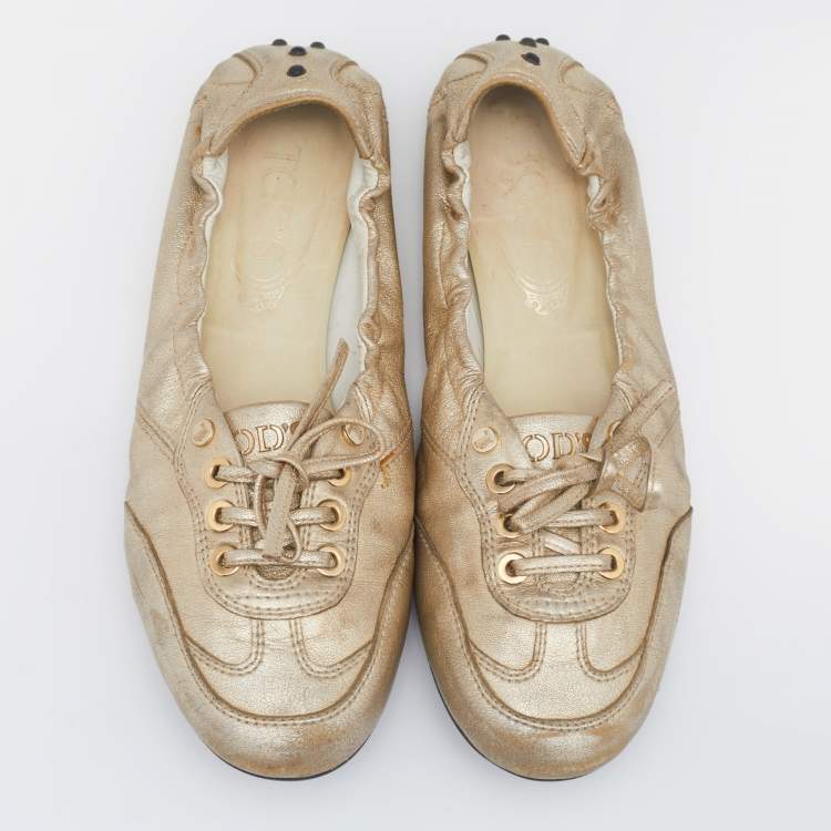Pre Owned Tod's Gold Leather Scrunch Sneakers Size 36