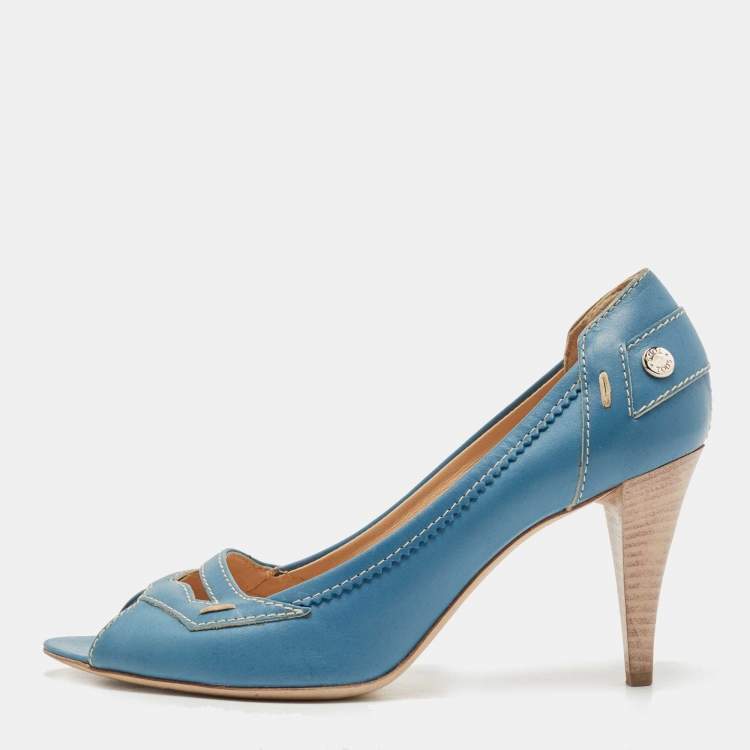 Pre Owned Tod's Blue Leather Open Toe Pumps Size 38