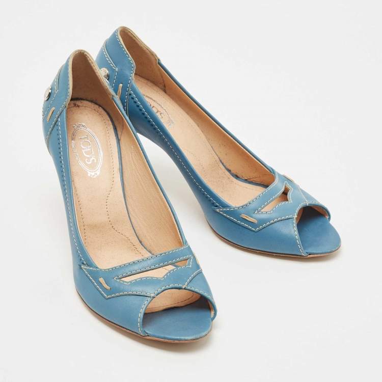 Pre Owned Tod's Blue Leather Open Toe Pumps Size 38