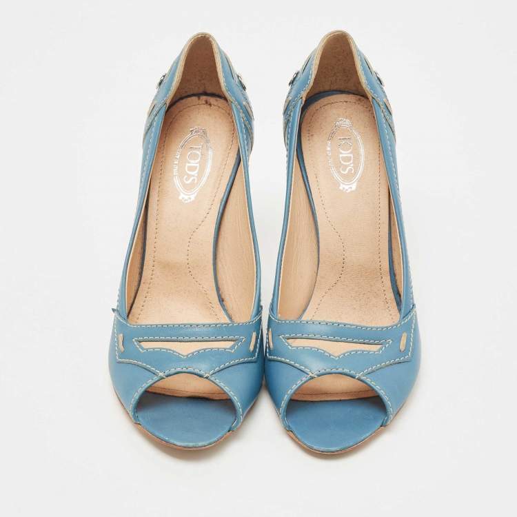 Pre Owned Tod's Blue Leather Open Toe Pumps Size 38