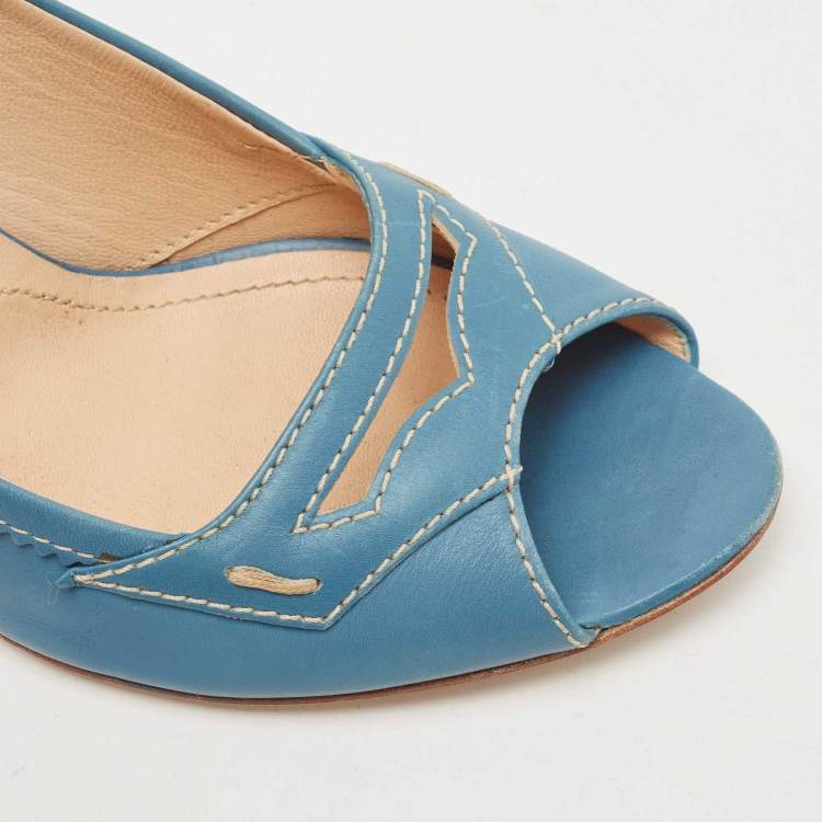 Pre Owned Tod's Blue Leather Open Toe Pumps Size 38