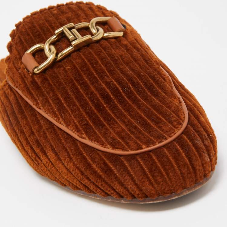 Pre Owned Tod's Brown Corduroy Fabric Flat Mules Size 40
