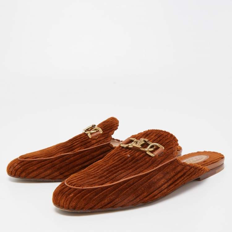 Pre Owned Tod's Brown Corduroy Fabric Flat Mules Size 40