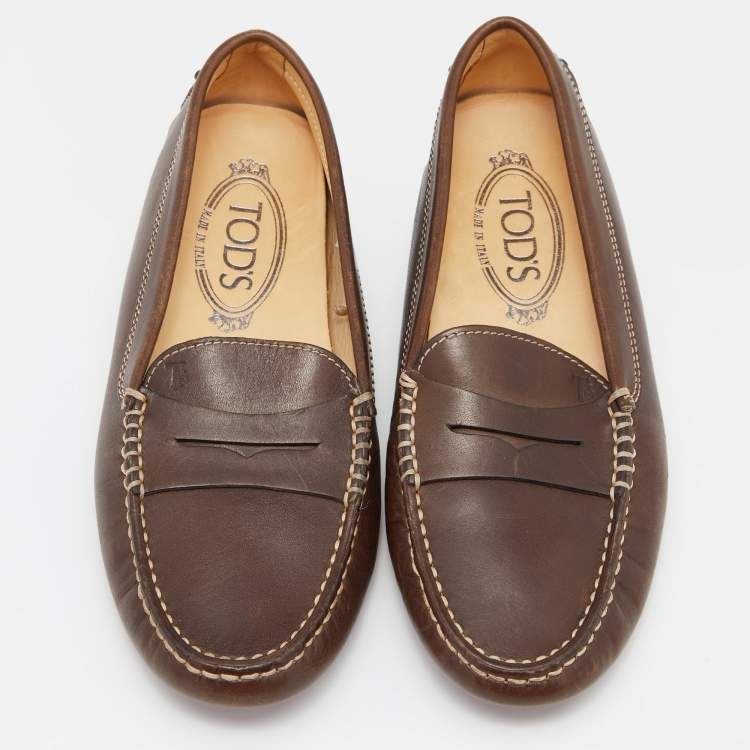 Pre Owned Tod's Brown Leather Gommino Driving Loafers Size 35.5