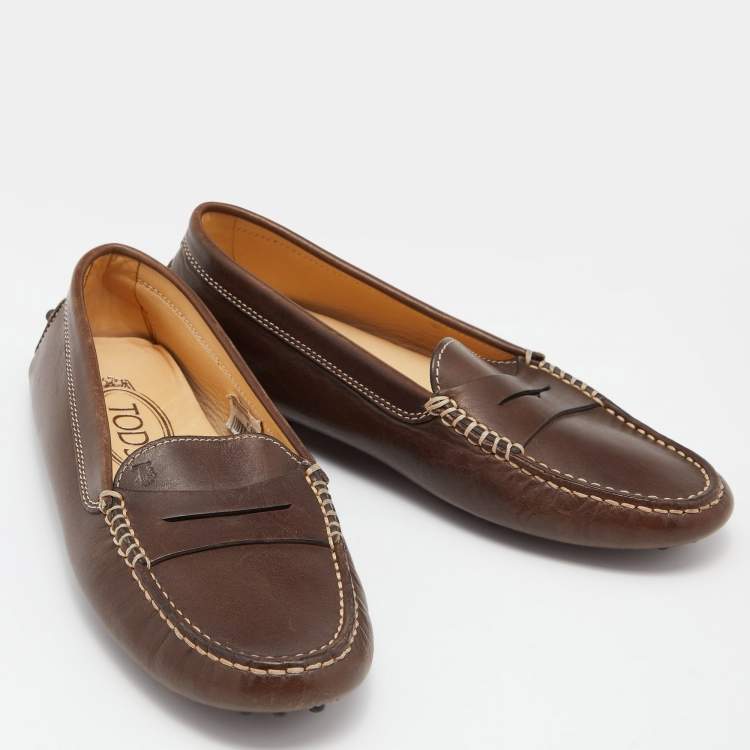 Pre Owned Tod's Brown Leather Gommino Driving Loafers Size 35.5