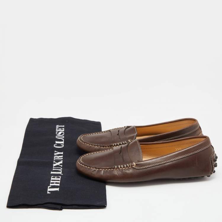 Pre Owned Tod's Brown Leather Gommino Driving Loafers Size 35.5