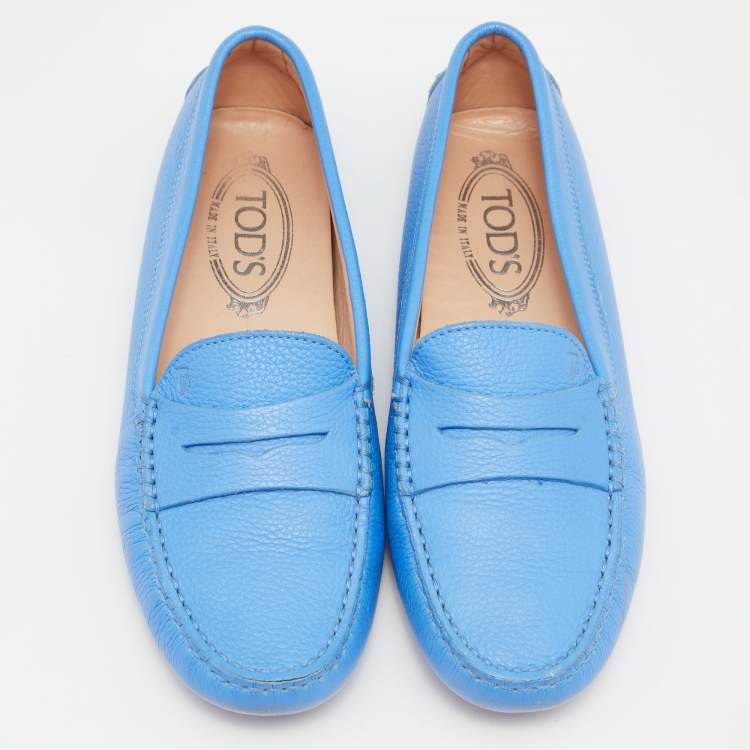 Pre Owned Tod's Blue Leather Gommino Slip On Loafers Size 37