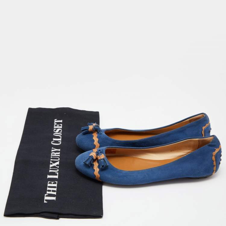 Pre Owned Tod's Blue/Tan Leather Tassel Ballet Flats Size 36.5