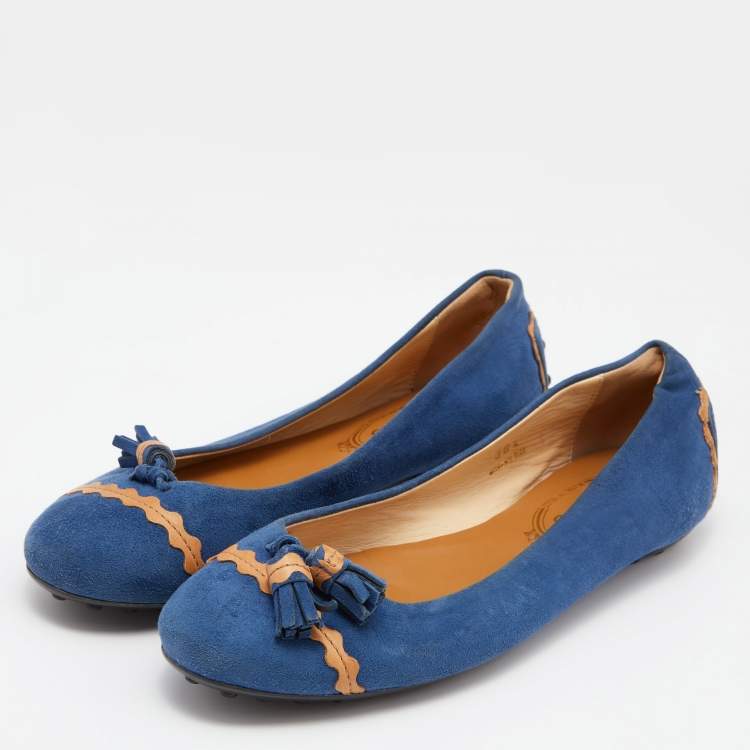 Pre Owned Tod's Blue/Tan Leather Tassel Ballet Flats Size 36.5