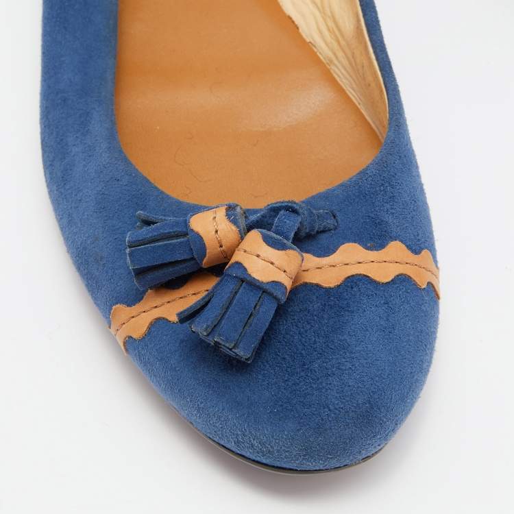 Pre Owned Tod's Blue/Tan Leather Tassel Ballet Flats Size 36.5