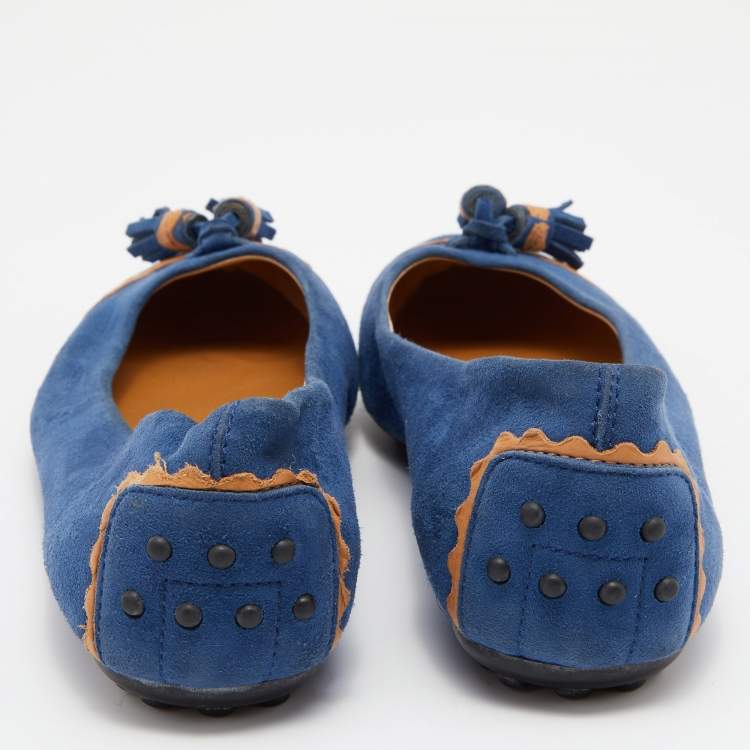 Pre Owned Tod's Blue/Tan Leather Tassel Ballet Flats Size 36.5
