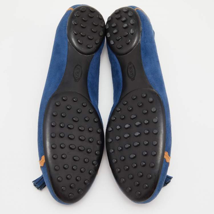 Pre Owned Tod's Blue/Tan Leather Tassel Ballet Flats Size 36.5