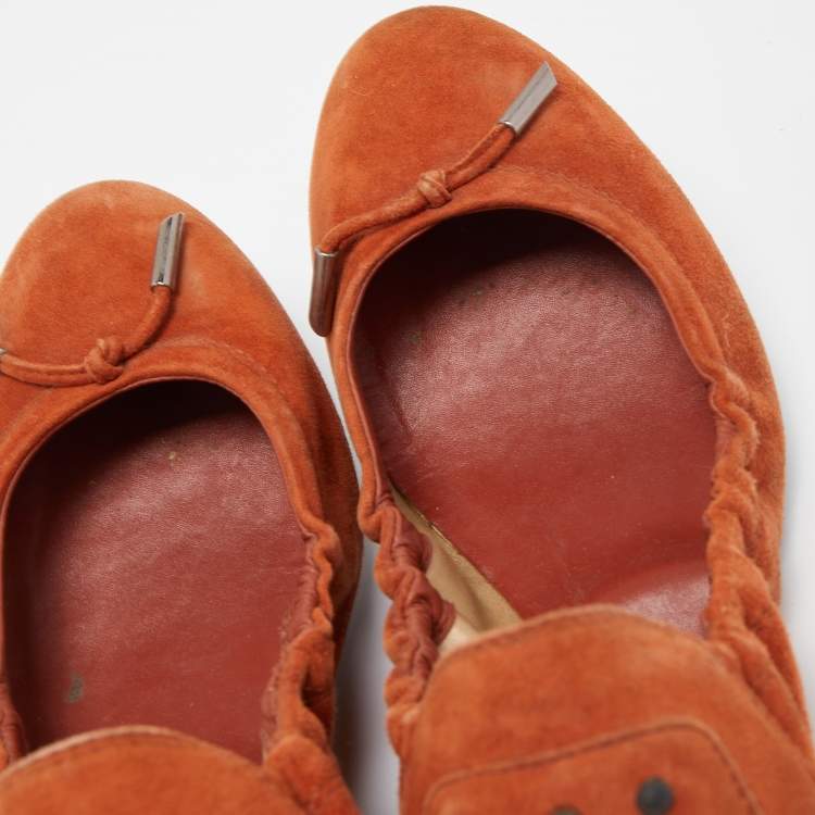 Pre Owned Tod's Orange Suede Scrunch Ballet Flats Size 38.5