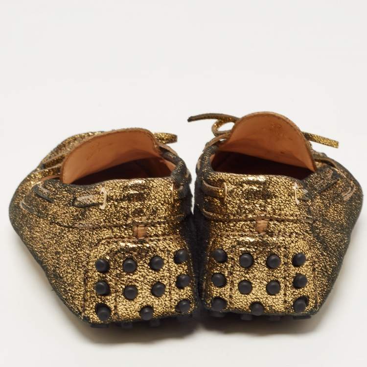 Pre Owned Tod's Metallic Gold Foil Leather Gommino Bow Slip On Loafers Size 37