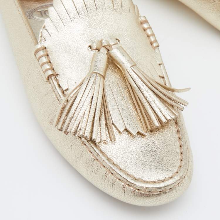 Pre Owned Tod's Gold Leather Fringe Flat Mules Size 35
