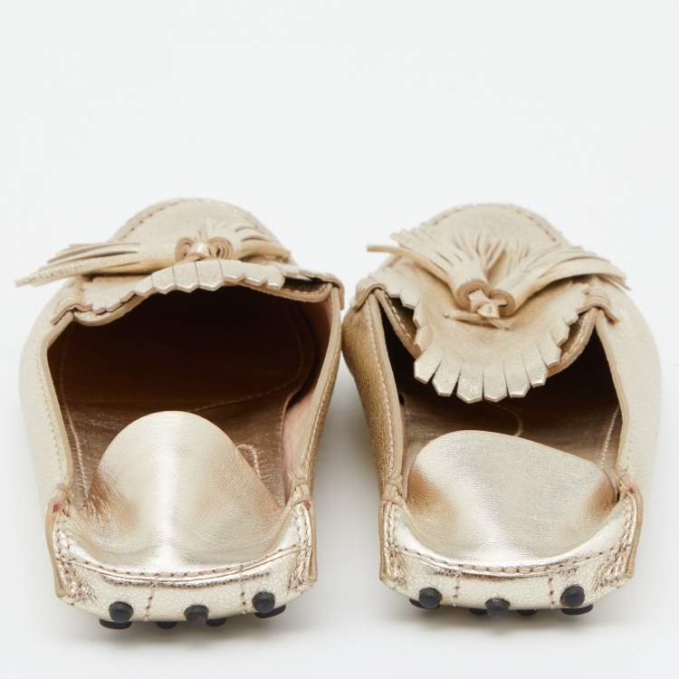 Pre Owned Tod's Gold Leather Fringe Flat Mules Size 35