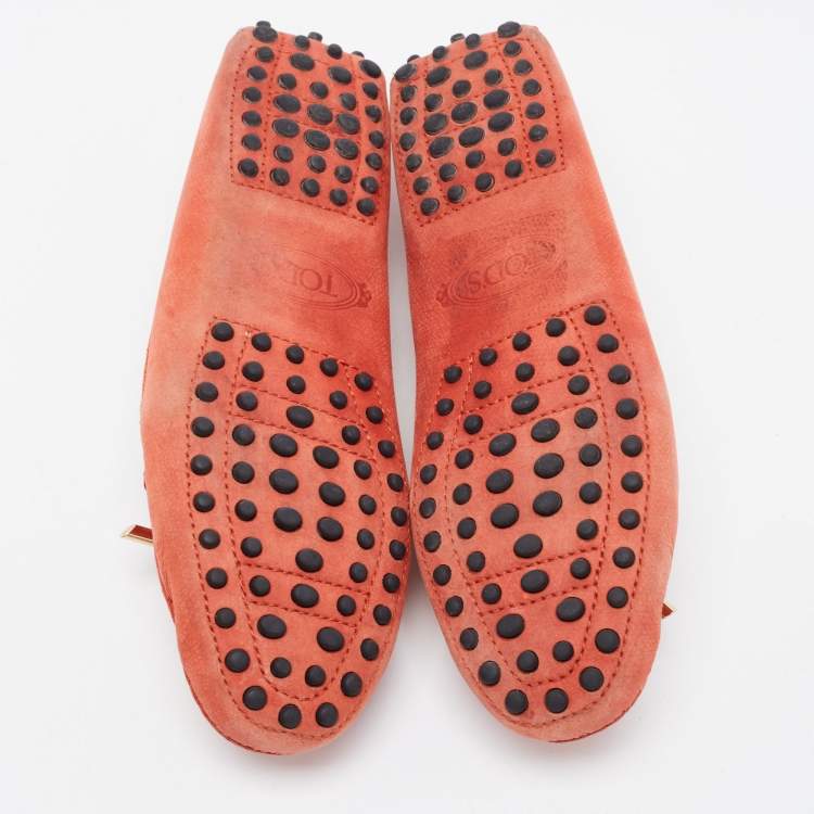 Pre Owned Tod's Orange Nubuck Leather Bow Detail Slip On Loafers Size 37