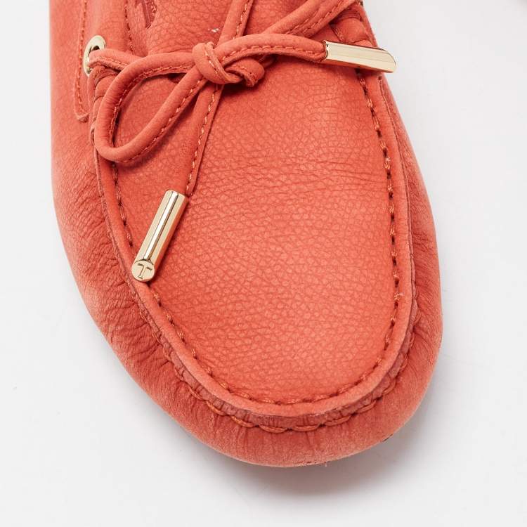 Pre Owned Tod's Orange Nubuck Leather Bow Detail Slip On Loafers Size 37