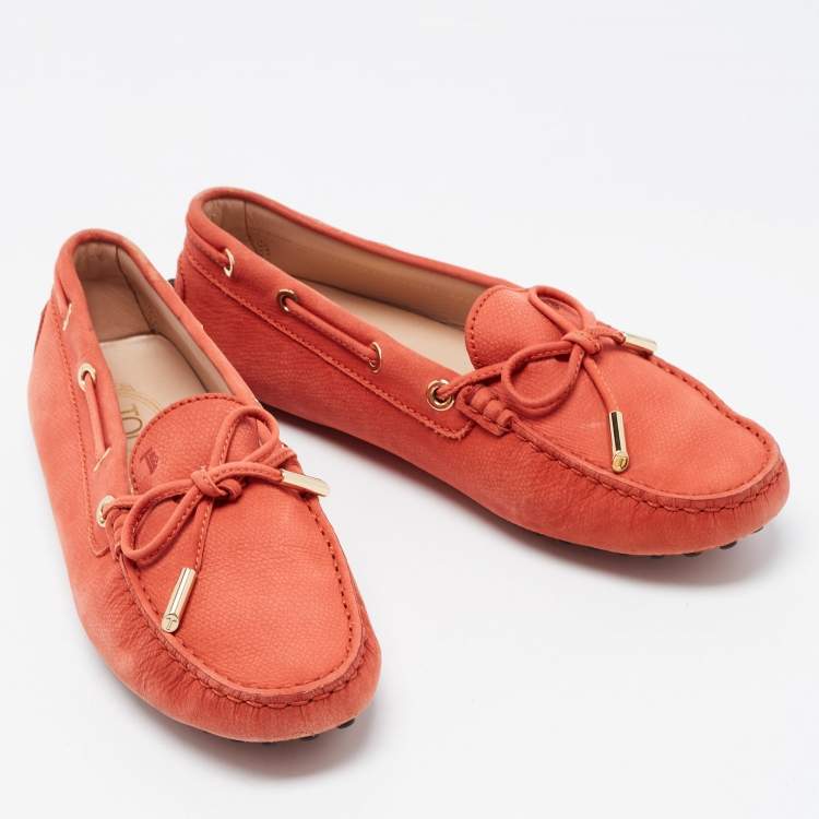 Pre Owned Tod's Orange Nubuck Leather Bow Detail Slip On Loafers Size 37