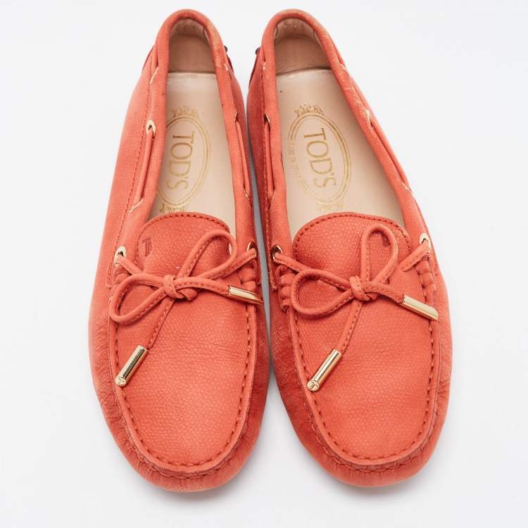 Pre Owned Tod's Orange Nubuck Leather Bow Detail Slip On Loafers Size 37