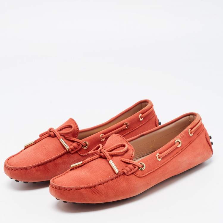 Pre Owned Tod's Orange Nubuck Leather Bow Detail Slip On Loafers Size 37