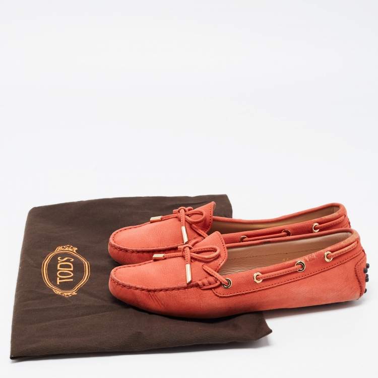 Pre Owned Tod's Orange Nubuck Leather Bow Detail Slip On Loafers Size 37