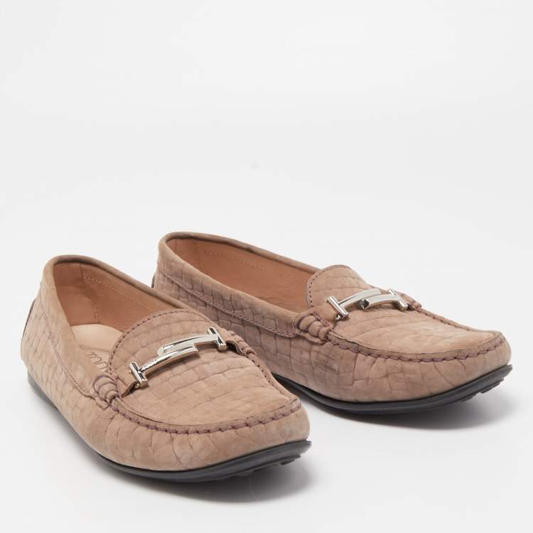 Pre Owned Tod's Light Brown Croc Embossed Nubuck Leather Double T Buckle Loafers Size 39