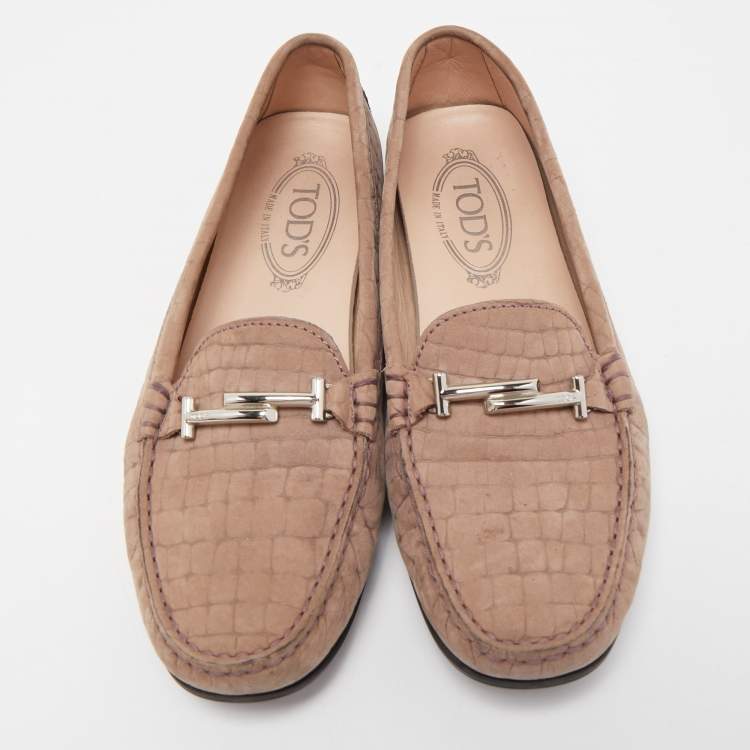 Pre Owned Tod's Light Brown Croc Embossed Nubuck Leather Double T Buckle Loafers Size 39