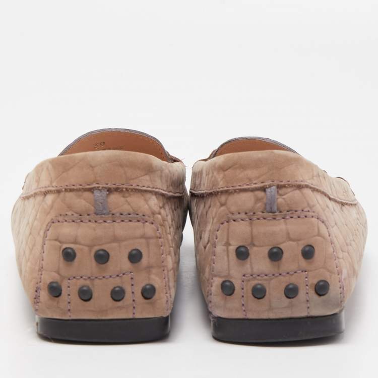 Pre Owned Tod's Light Brown Croc Embossed Nubuck Leather Double T Buckle Loafers Size 39