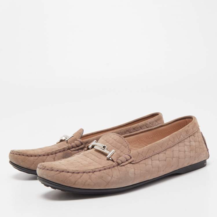Pre Owned Tod's Light Brown Croc Embossed Nubuck Leather Double T Buckle Loafers Size 39