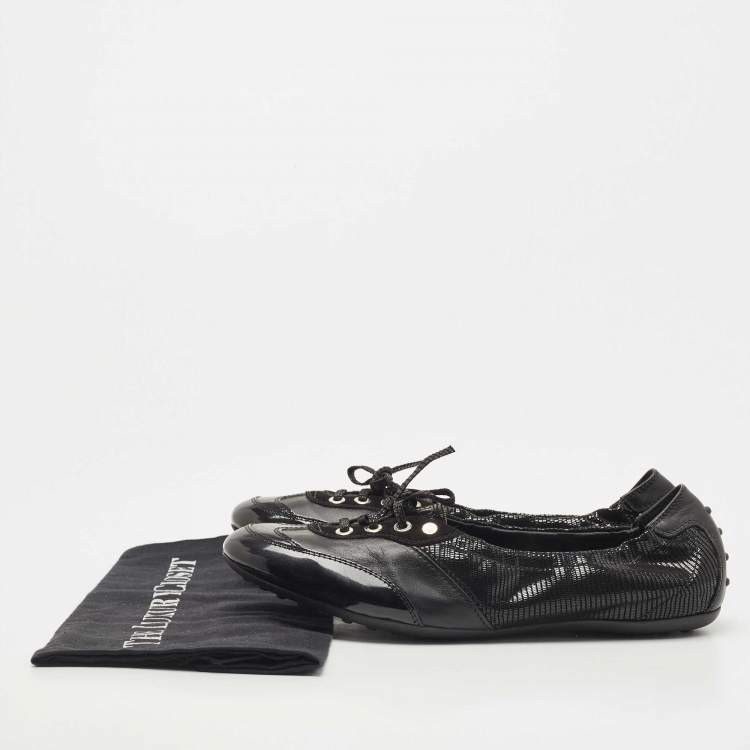 Pre Owned Tod's Black Suede and Leather Lace Up Scrunch Ballet Flats Size 41