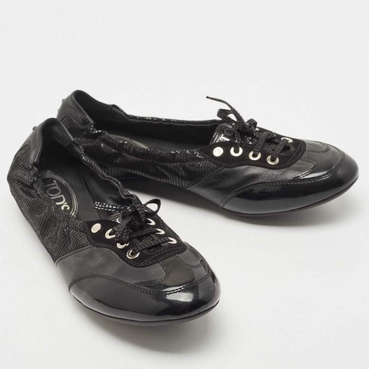 Pre Owned Tod's Black Suede and Leather Lace Up Scrunch Ballet Flats Size 41